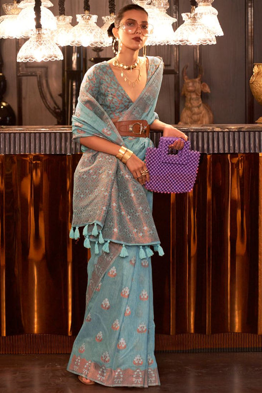 Classic Cyan Saree in Klassima Silk with Weaving Work