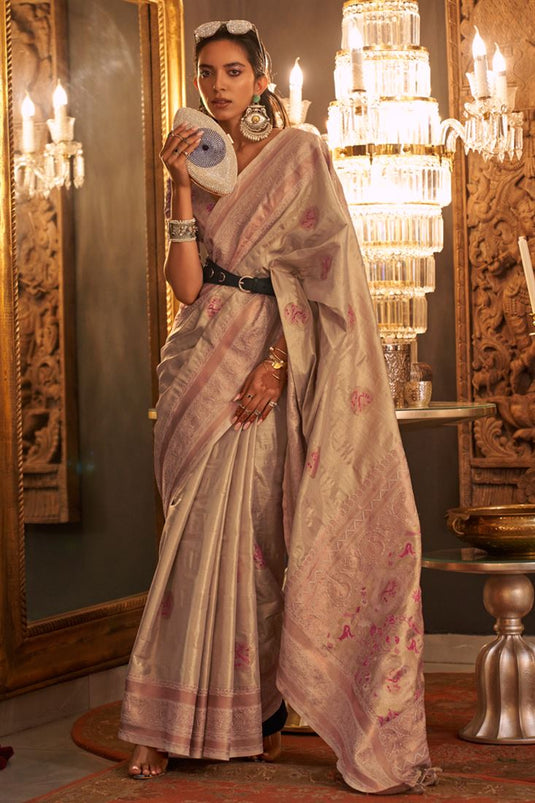 Patta Designer Peach Cream Color Saree – Kaleendi