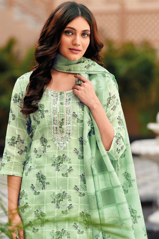 Green Color Linen Cotton Fabric Charming Salwar Suit