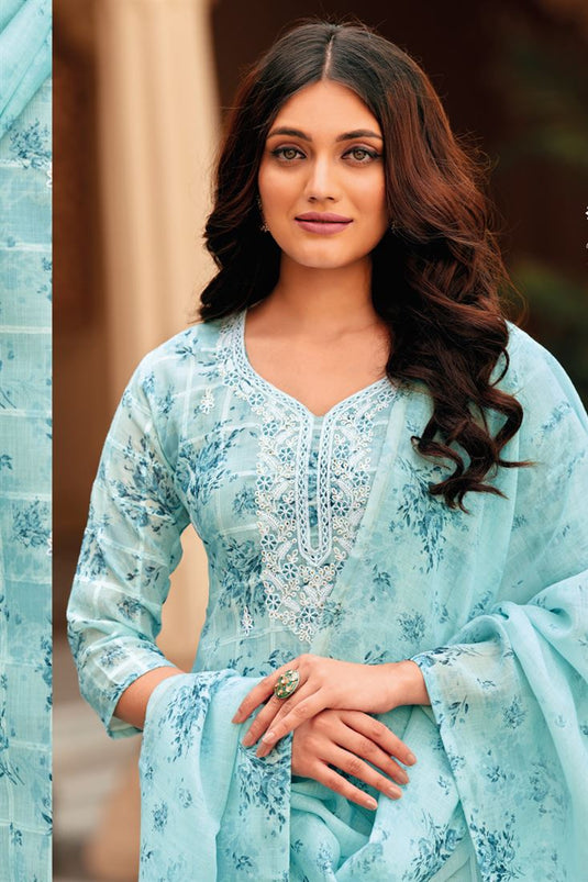 Sky Blue Color Linen Cotton Fabric Beautiful Salwar Suit