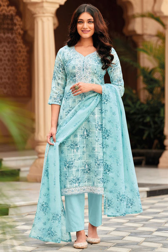 Sky Blue Color Linen Cotton Fabric Beautiful Salwar Suit