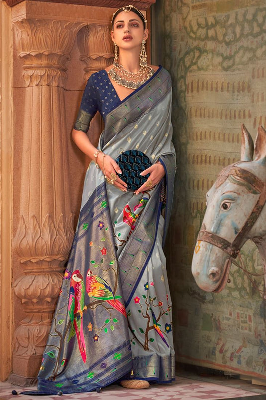 Grey Color Printed Precious Saree In Art Silk Fabric