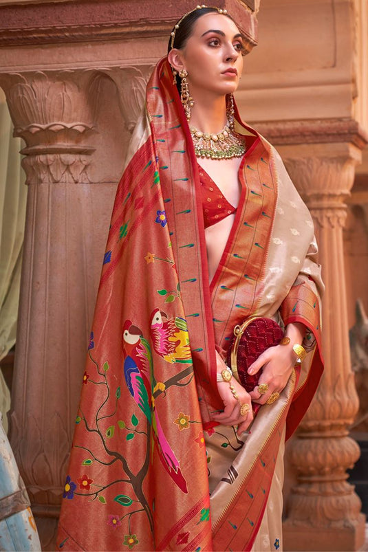 Banarasi Silk Saree Beige Color with contrast pallu and blouse - IndieHaat  – Indiehaat.com