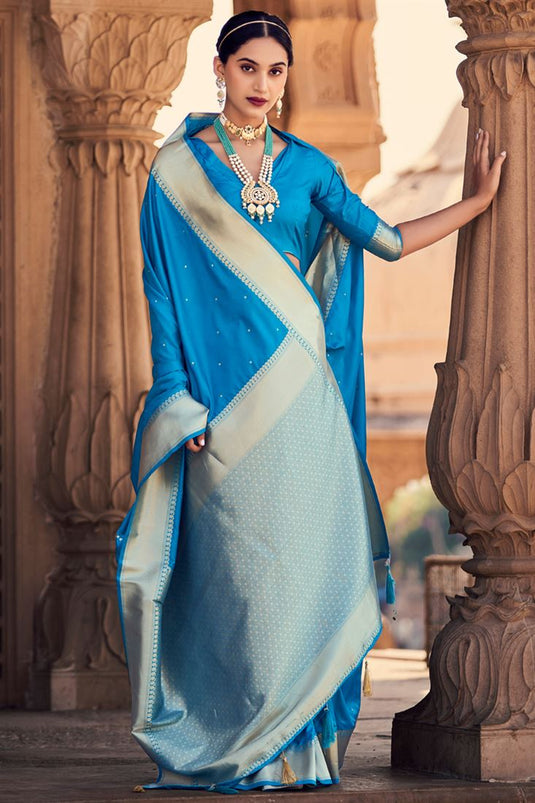 Tempting Sky Blue Color Weaving Designs On Banarasi Silk Saree