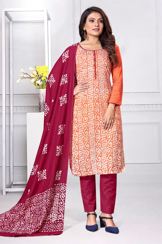 Fancy Fabric Orange Color Gorgeous Salwar Suit With Printed Work