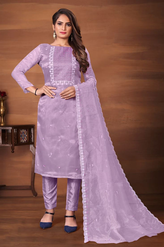 Organza Fabric Casual Look Beatific Salwar Suit In Lavender Color