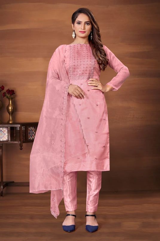 Organza Fabric Pink Color Casual Look Elegant Salwar Suit