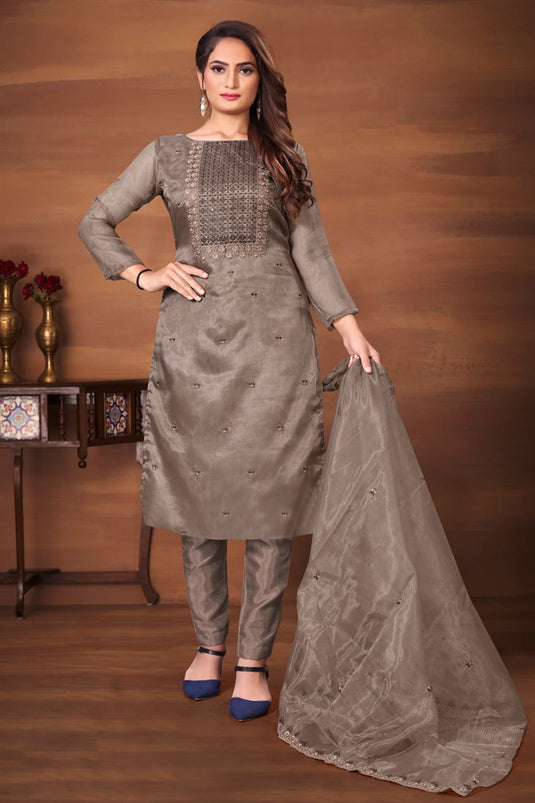 Brown Color Organza Fabric Casual Look Classic Salwar Suit