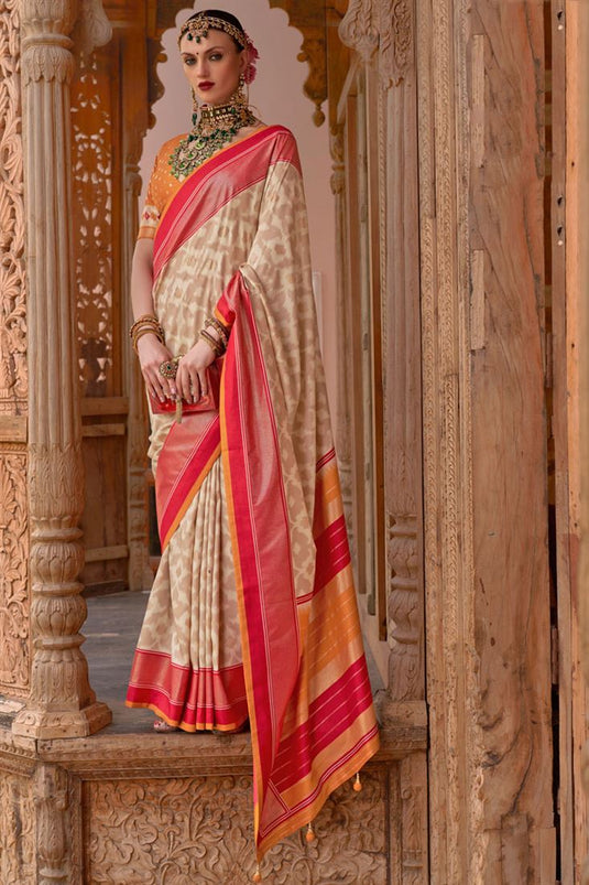 Buy Cream Casual Wear Silk Sarees Online for Women in USA