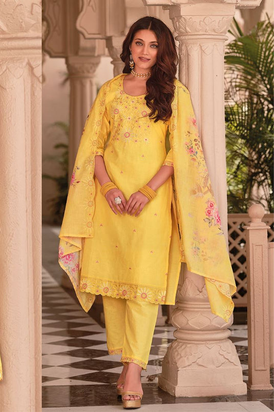 Yellow Color Embroidered Cotton Enticing Salwar Suit