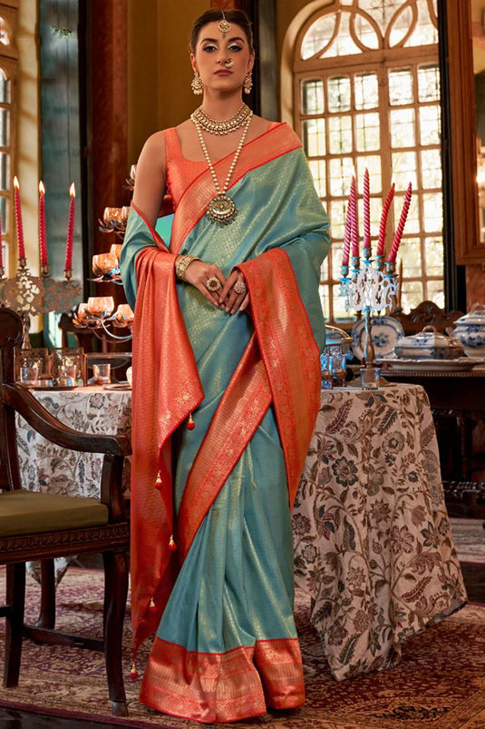 Awesome Weaving Work On Silk Fabric Light Cyan Color Saree