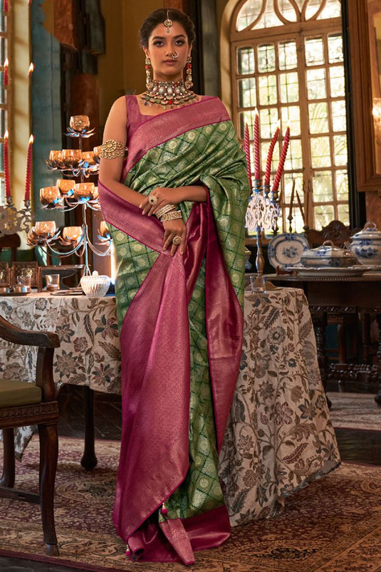 Weaving Work On Glamorous Saree In Olive Color Silk Fabric