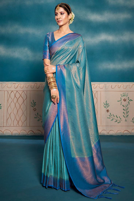 Beguiling Weaving Work On Cyan Color Art Silk Fabric Festival Look Saree