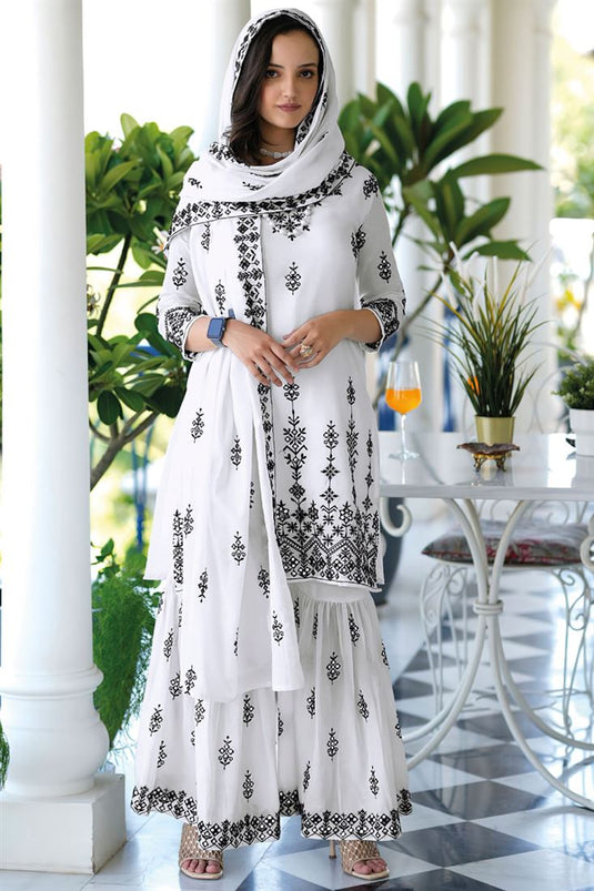 Appealing White Color Fancy Fabric Function Style Sharara Suit