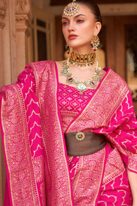 Pink Color Banarasi Style Art Silk Fabric Saree
