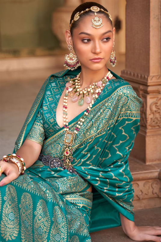 Art Silk Fabric Banarasi Style Saree In Teal Color