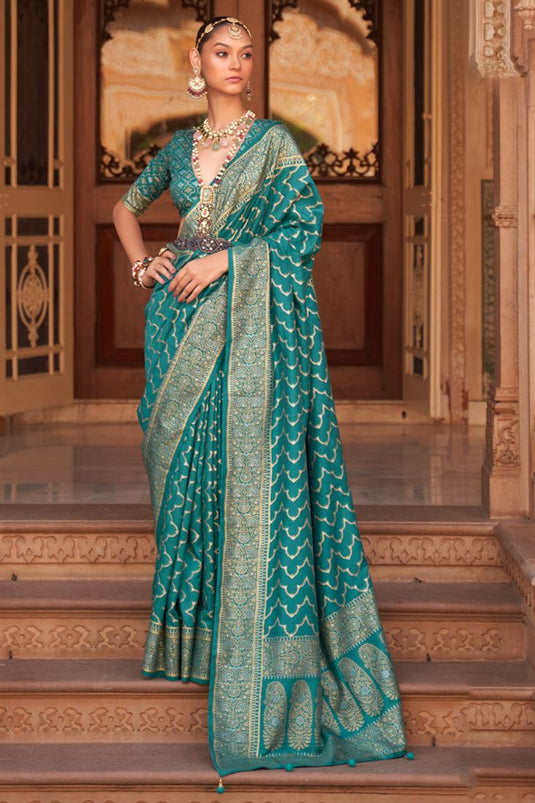 Buy Teal blue zari butta woven banarasi saree online -karagiri – Karagiri