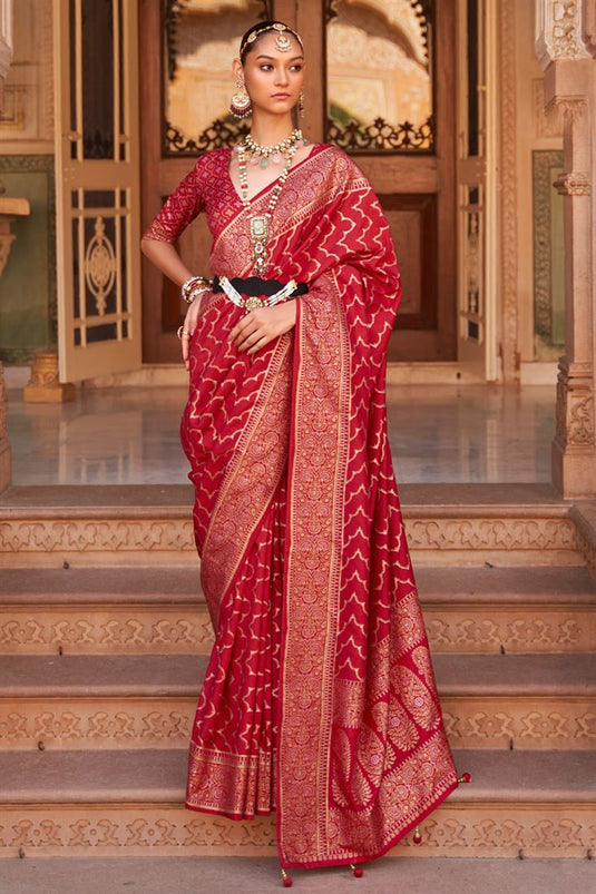 Red Color Banarasi Style Saree In Art Silk Fabric