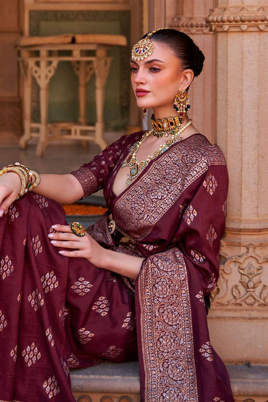 Pure Sateen Silk Wedding Wear Saree In Maroon WIth Embroidery Work &  Crystal Stone work - Reception Saree - Saree