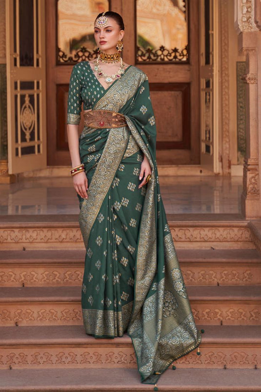 Art Silk Fabric Olive Color Banarasi Weaving Saree