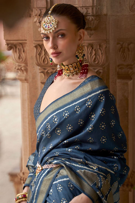 Dark Grey Color Art Silk Fabric Banarasi Style Saree For Function