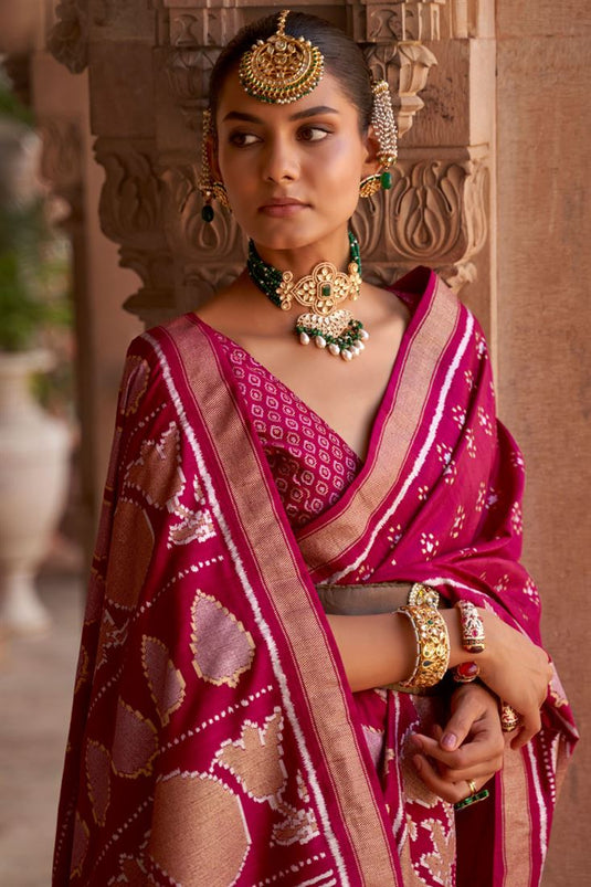 Art Silk Fabric Rani Color Banarasi Style Saree