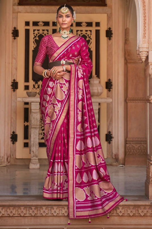 Art Silk Fabric Rani Color Banarasi Style Saree