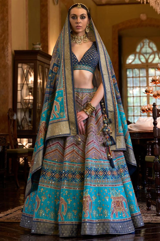 Cyan Color Trendy Silk Sequins Lehenga In Weeding Wear