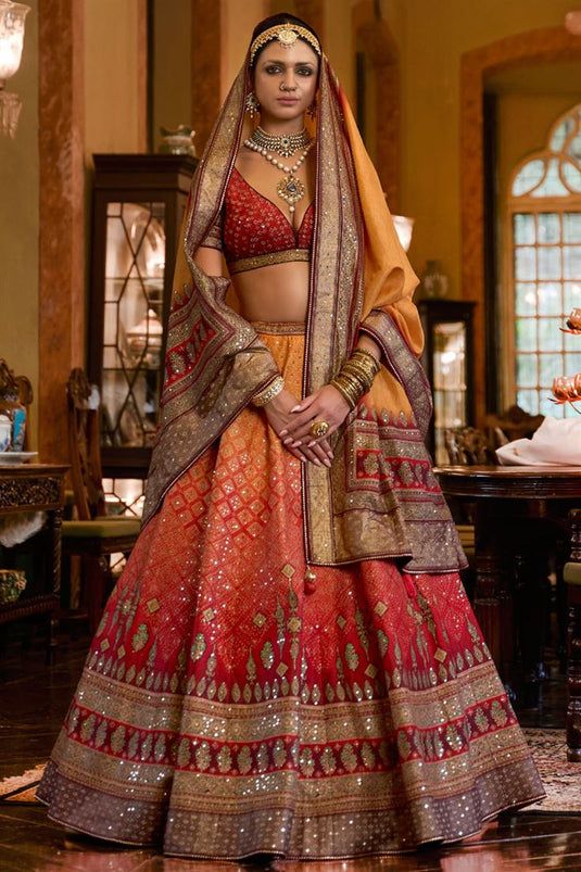 Stylish Silk Wedding Lehenga with Sequins Work In Red Color