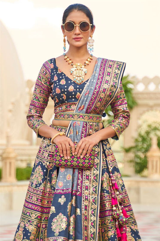 Gorgeous Choice for Wedding Ceremonies Sequined Silk Navy Blue Color Lehenga
