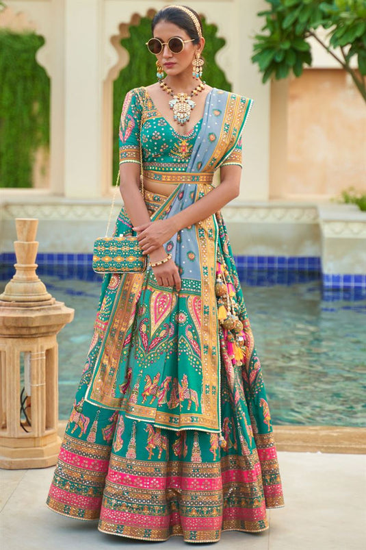 Elevate your Wedding Style Silk Lehenga with Sequin Work In Cyan Color