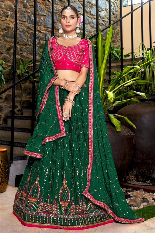 Chinon Fabric Green Color Wedding Wear Lehenga Choli With Embroidered Work