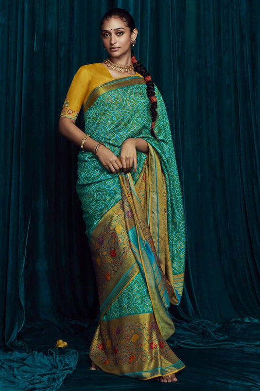 Cyan Color Party Wear Brasso Silk Fabric Printed Saree With Embroidered Blouse