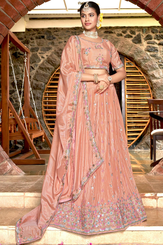 Embroidered Peach Color Wedding Wear Lehenga Choli In Chinon Fabric