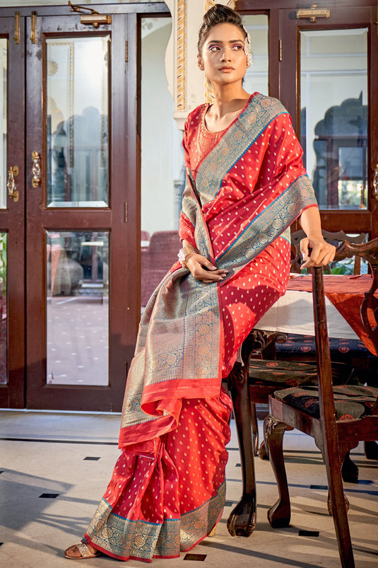 Red Color Weaving Work Silk Fabric Sangeet Wear Saree