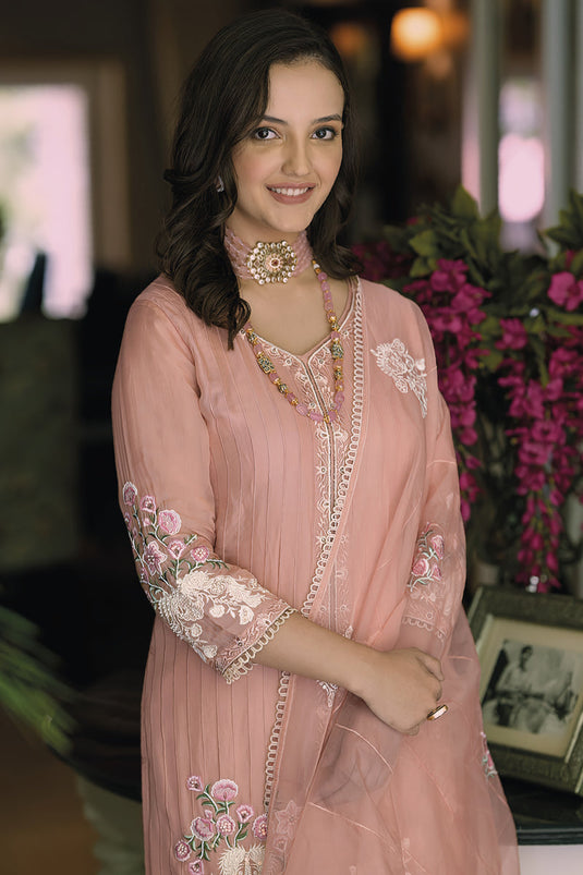 Pink Color Organza Fabric Fancy Embroidered Straight Cut Casual Readymade Salwar Suit