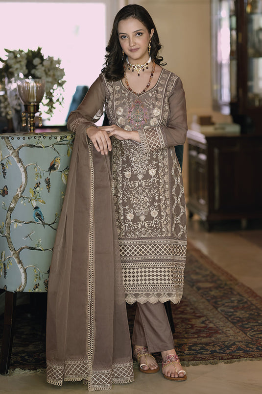 Embroidered Straight Cut Casual Readymade Salwar Kameez In Organza Fabric Brown Color