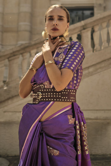Purple Color Pure Satin Silk Fabric Handloom Zari Weaving Work Function Wear Fancy Saree