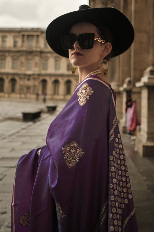 Purple Color Handloom Zari Weaving Work Pure Satin Silk Fabric Sangeet Wear Saree