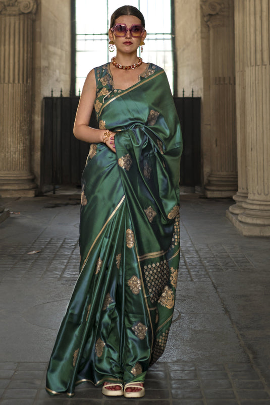 Pure Satin Silk Fabric Wedding Wear Dark Green Color Fancy Handloom Zari Weaving Work Saree