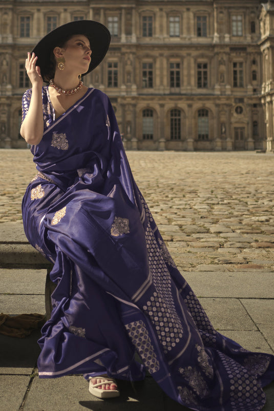 Blue Color Reception Wear Trendy Handloom Zari Weaving Work Saree In Pure Satin Silk Fabric
