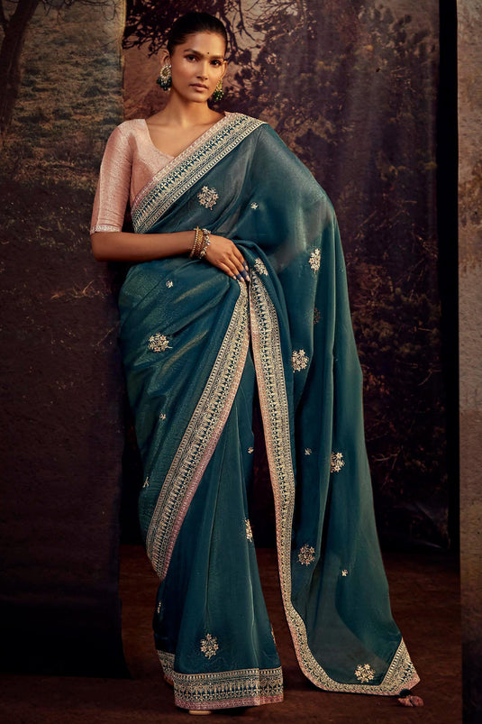 Attractive Fancy Work Teal Color Art Silk Fabric Saree