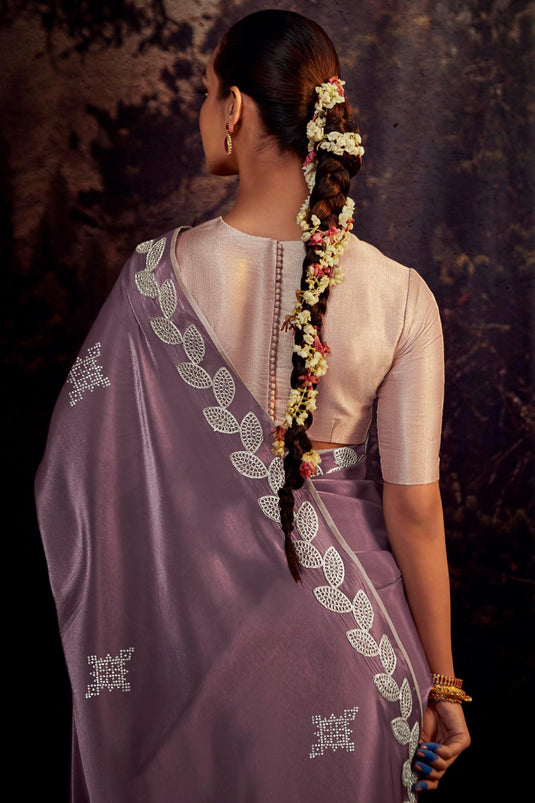 Traditional Look Lavender Color Art Silk Fabric Fancy Work Saree