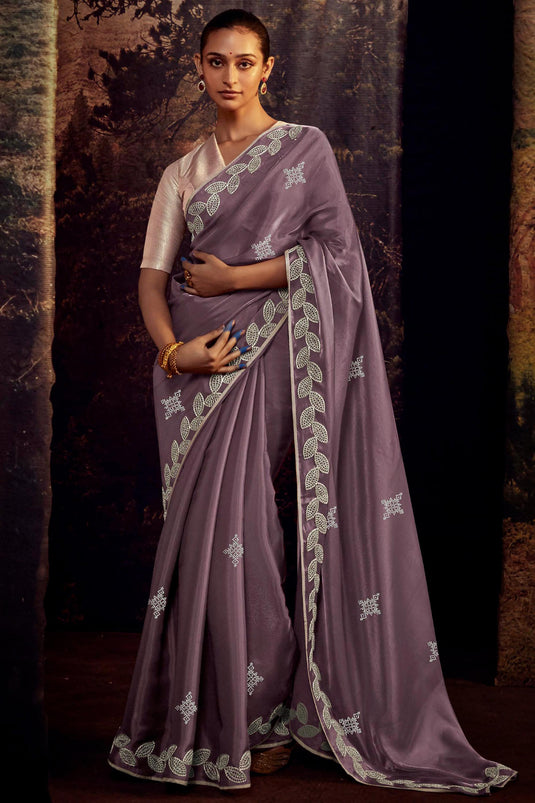 Lavender Purple Georgette Hand Embroidery Work Saree & Blouse