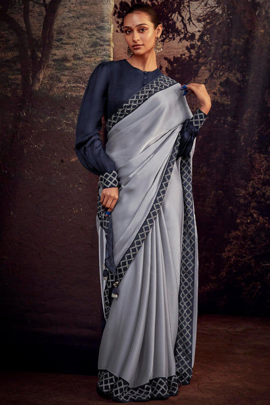 Smashing Grey Color Fancy Work Art Silk Fabric Saree