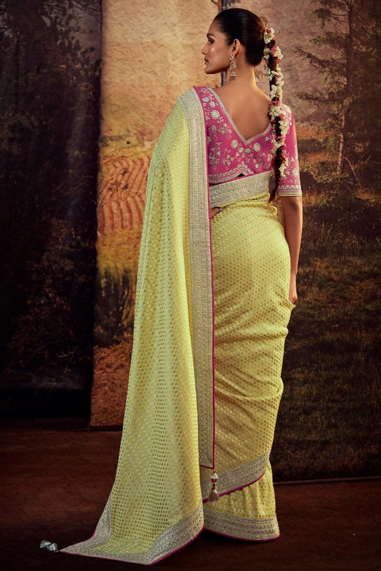 Yellow Color Art Silk Fabric Fancy Work Party Wear Designer Saree
