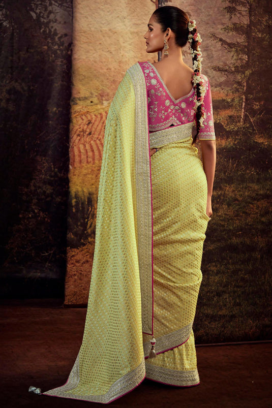 Yellow Mustard Wedding Sangeet Designer Saree In Pure Satin SFSJDN1060 –  Siya Fashions