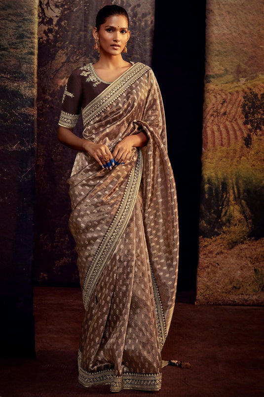 Art Silk Fabric Fancy Work Rich Brown Color Festive Wear Saree