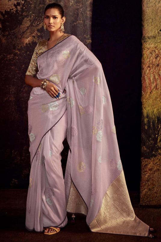 Astonishing Lavender Color Art Silk Fabric Fancy Work Saree