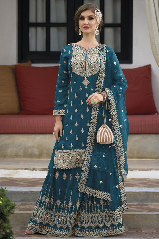 Teal Color Silk Fabric Fancy Embroidered Function Wear Readymade Designer Sharara Style Salwar Suit